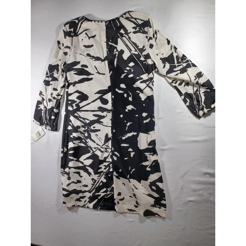 ECI New York Black White Abstract Print Beaded Neckline Long Sleeve Dress Size 4
